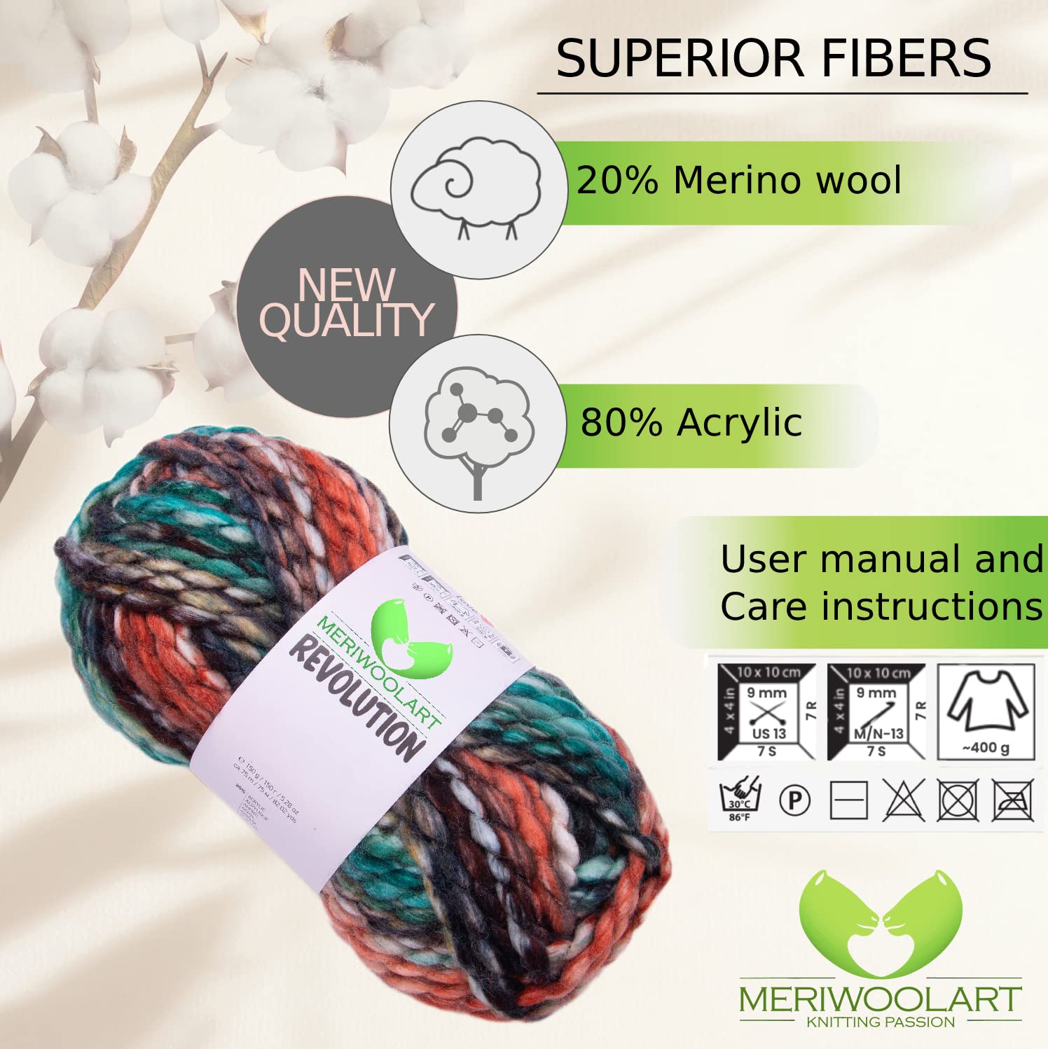 MERIWOOLART Merino Wool for Knitting, 75m Multicoloured Thick Soft Merino Wool Yarn - Image 3