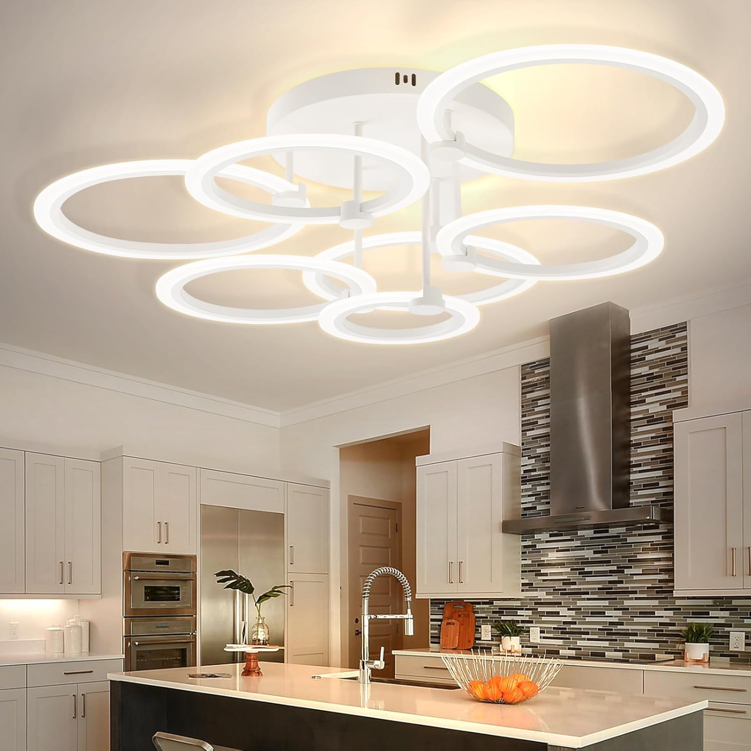Modern LED Ceiling Light Dimmable Ceiling Light Fixtures with Remote 7 Rings White Close to Ceiling Lights 31.8" 130W 3000K-6500K Flush Mount Ceiling Lamp for Living Room,Bedroom,Kitchen