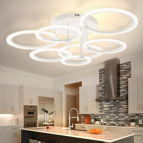 Miniatura 8 de Lámpara de techo LED moderna regulable con control remoto, 7 anillos, luces blancas para cerca de techo, 31.8 pulgadas, 130 W, 3000 K-6500 K,
