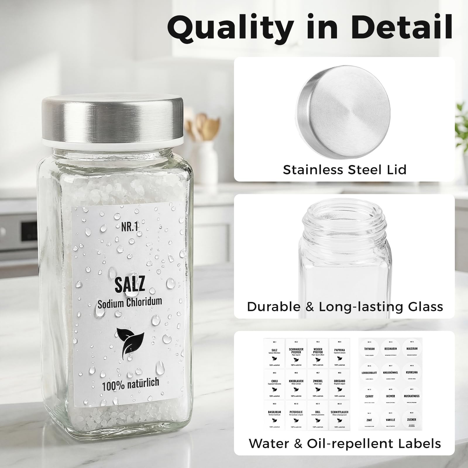 24 Pièces Pot Epices Verre Carré 120ml Bocaux à Épices avec Couvercle en Acier Inoxydable, Rangement pour Epices de Cuisine, Convient pour Le Camping (Blanc argenté)