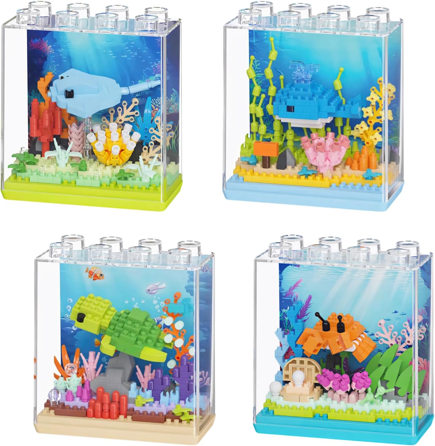 4 Sea Animal Fish Tank Building Set with Dust Cover and Stand, Micro Brick Ocean Series Building Kit for Home Office Decor, Creative Aquarium Gift for Adult Sea Lovers Teens 14+, 858 Pieces