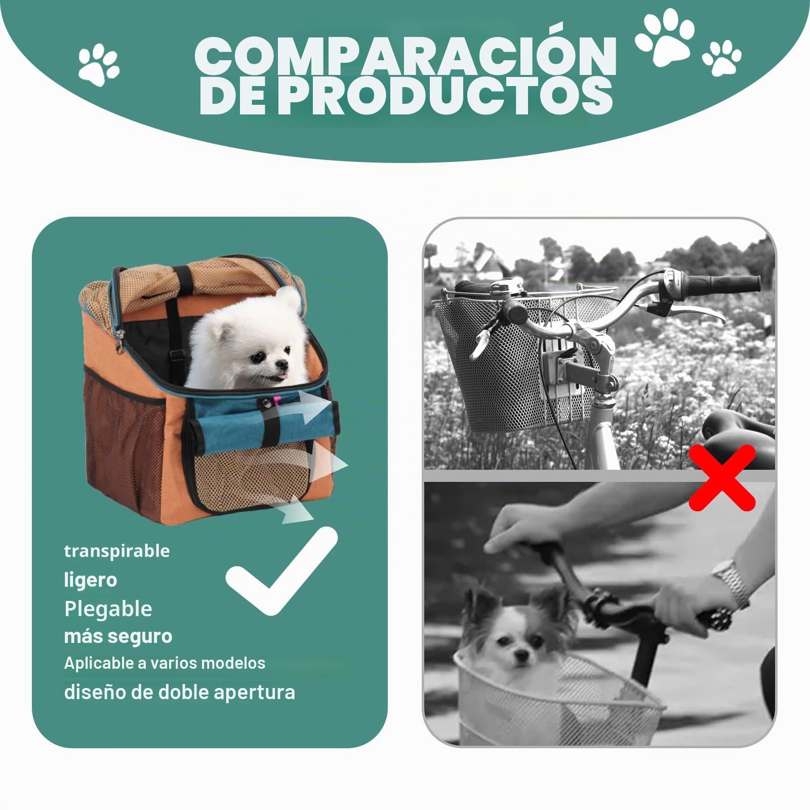 Cesta de bicicleta para mascotas con adaptador de manillar, plegable, desmontable, bolsa mochila para gato y perro
