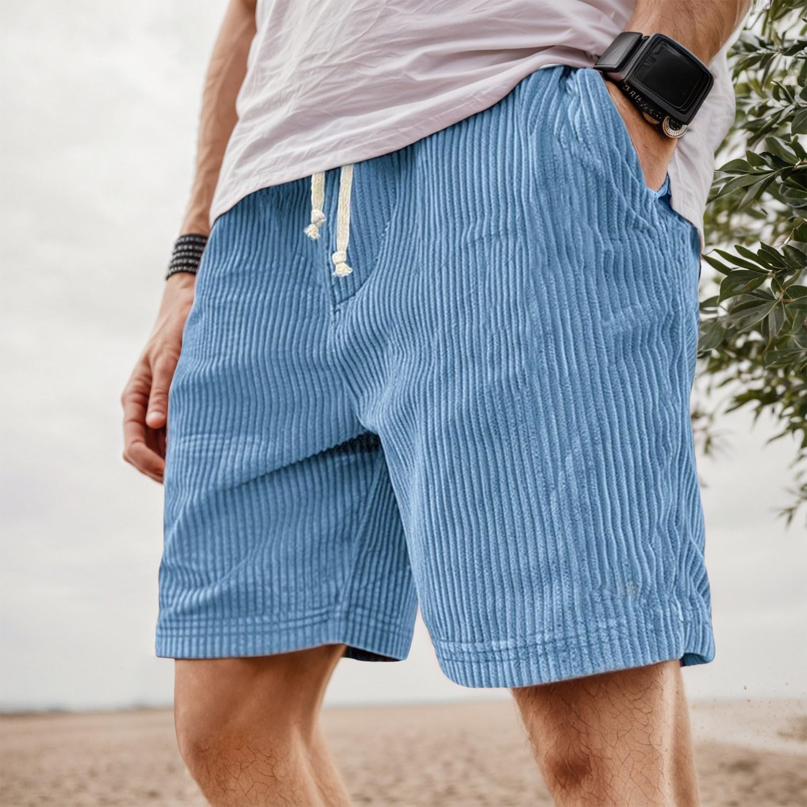 Men's Casual Corduroy Shorts Lightweight Elastic Waist Drawstring Summer Beach Short Coomfy chubbies Shorts for Men Z01-#Blue XL
