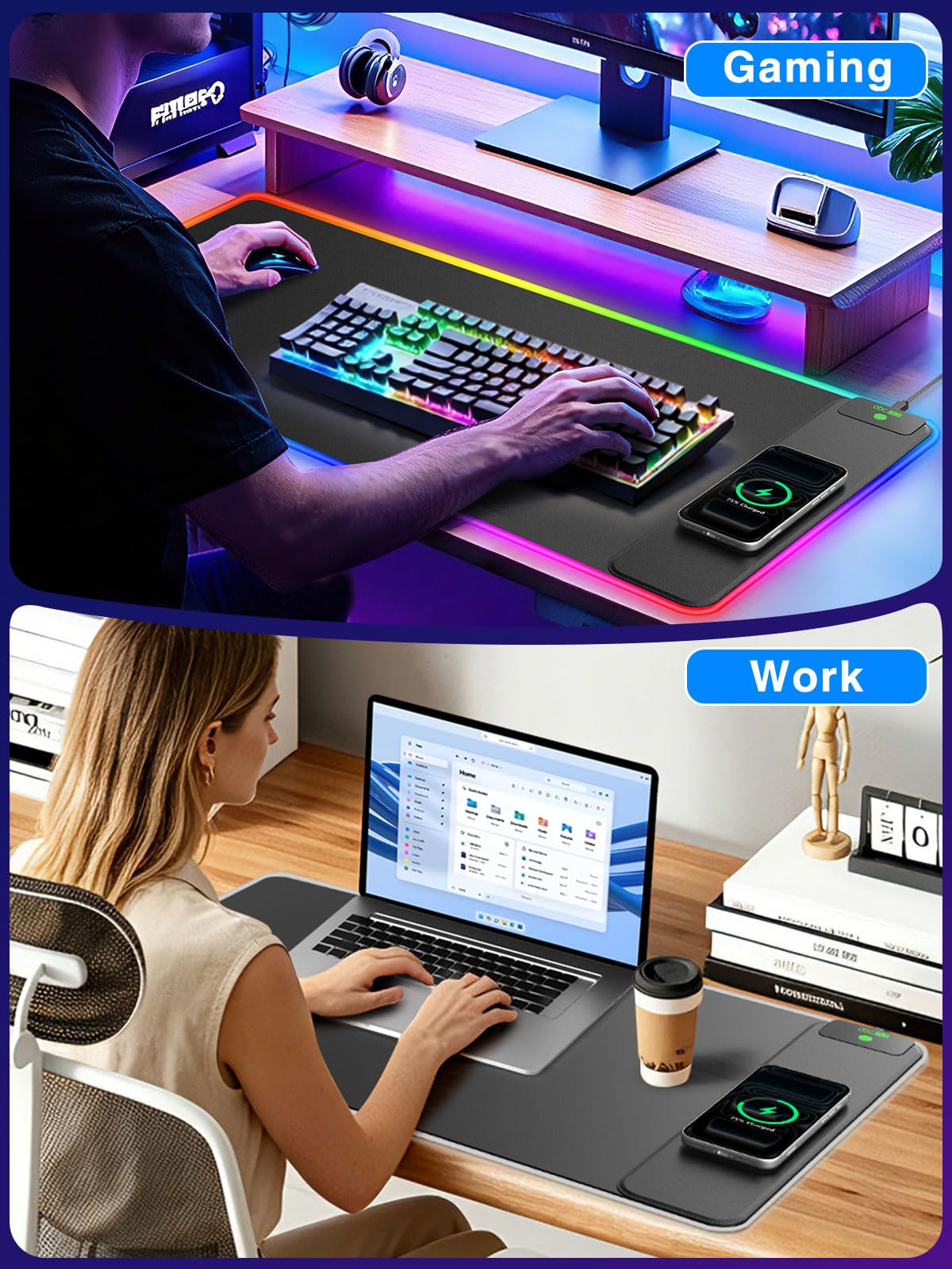 Tappetino per mouse da gioco XXL RGB con caricabatterie wireless magnetico da 15 W, tappetino da scrivania a LED extra large da 80 x 40 cm, 24 effetti di luce, con base in gomma antiscivolo