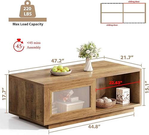 Miniatura 2 de HSH Mesa auxiliar rústica con almacenamiento, mesa de centro baja para sala de estar, mesas de centro largas rectangulares de madera, mesas