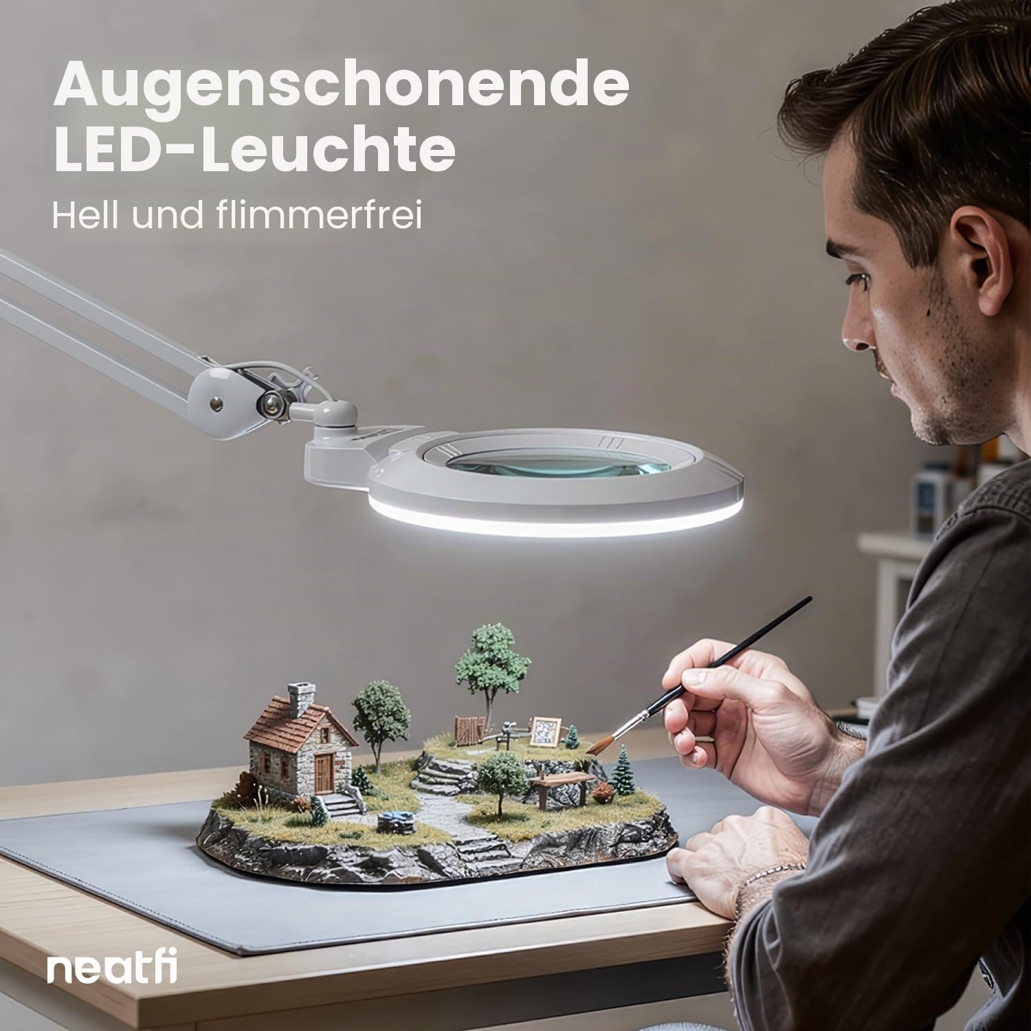 Neatfi XL Bifokal LED-Lupenlampe, 17,8 cm Acryl-Linse, doppelte Vergrößerung 2,25×/6×, 1.600 Lumen, dimmbar | 3 Lichtmodi, Verstellbarer Arm | Lesen, Basteln & Schmuckarbeiten (Weiß, 18 cm Linse)
