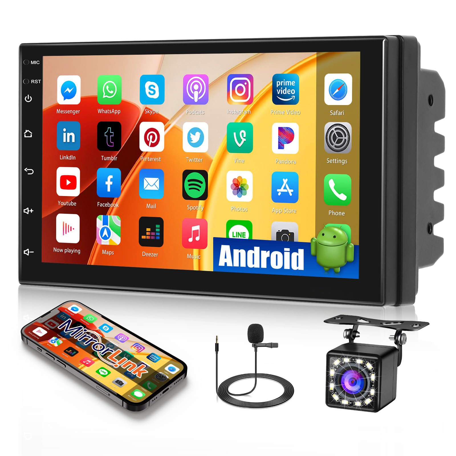 Inefala 2 Din Android Car Stereo z zestawem głośnomówiącym Bluetooth (1 + 16 GB), 7-calowy ekran dotykowy 2 Din Android Car Stereo Obsługuje GPS/WiFi/Mirror Link/Radio FM RDS z tylną kamerą