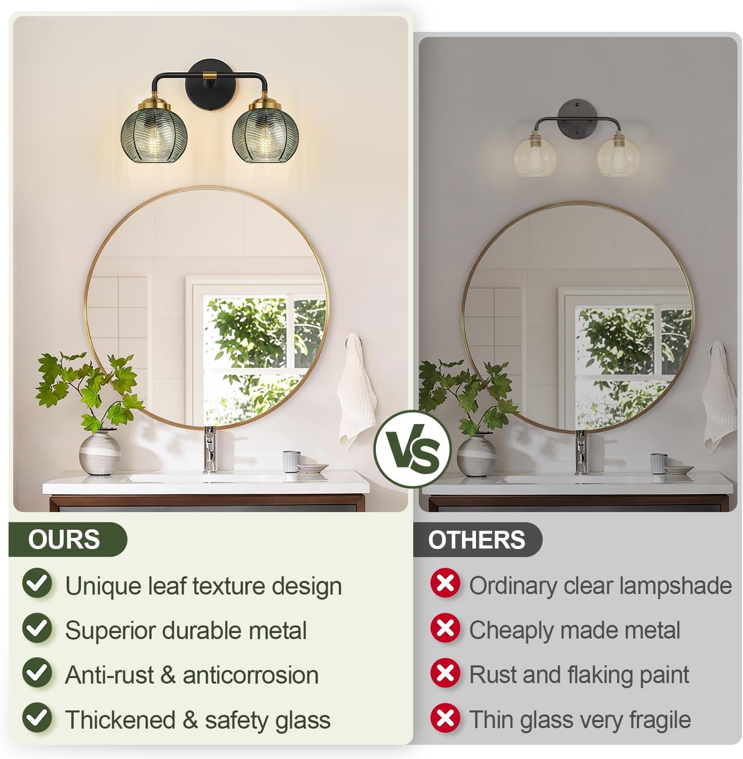 mokatng bathroom light fixtures, 2-light green vanity lights with unique leaf texture glass shade, modern matte black and gold bathroom wall lamp for mirror hallway cabinet living room green glass 2-light