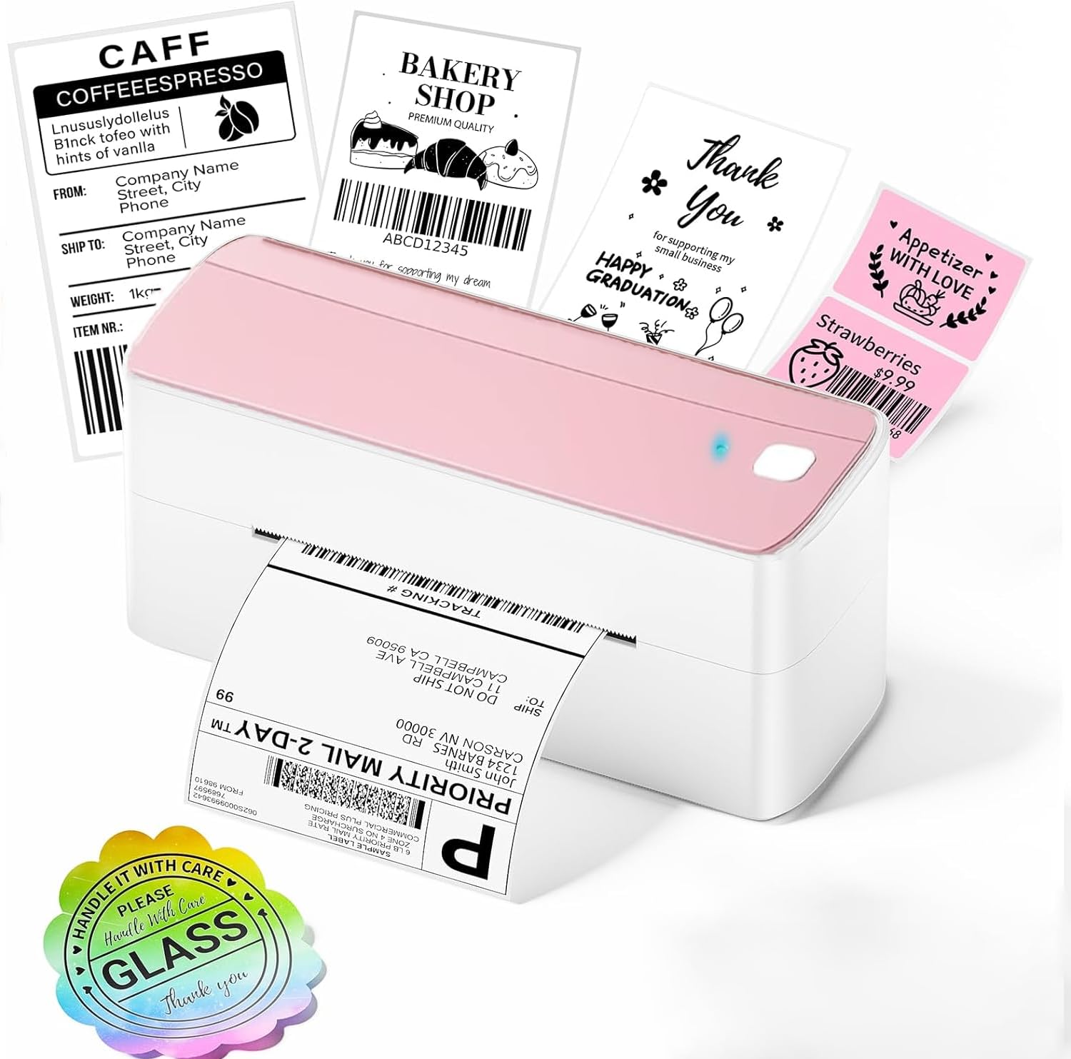 Bluetooth Thermal Label Printer 4X6 - Wireless Shipping Label Printer for Small Business & Packages - Pink Thermal Label Printer Shipping Label Makers, Compatible with iPhone, USPS, Etsy, Amazon