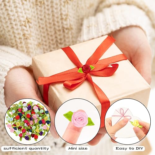Miniatura 3 de BENBO - Mini rosas de cinta para manualidades, 200 unidades, pequeñas flores de tela artificial con hojas, pequeñas rosetas, apliques de flores de