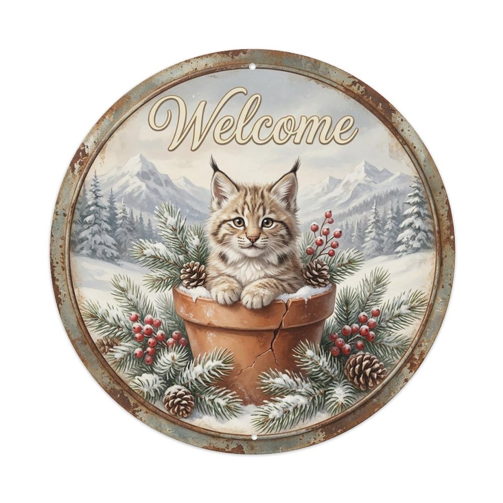 Vintage Welcome Lynx Snowy Pines Vintage Metal Tin Sign Plaque Wall Decor for Cafe, Club Bar, Office, Garden Metal Poster 8x8Inch