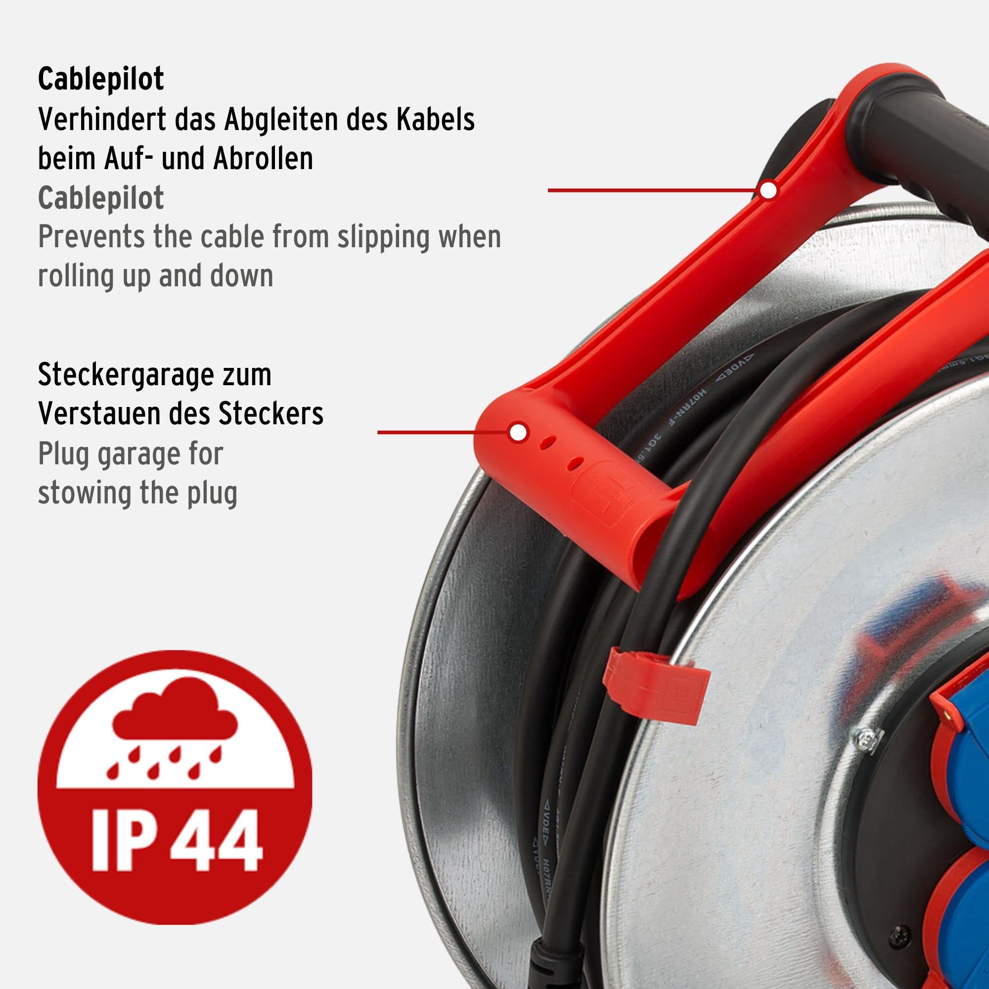 Brennenstuhl 1198340 - Prolunga elettrica multipresa con avvolgicavo, IP 44 H07RN-F 3G1,5, 40 m