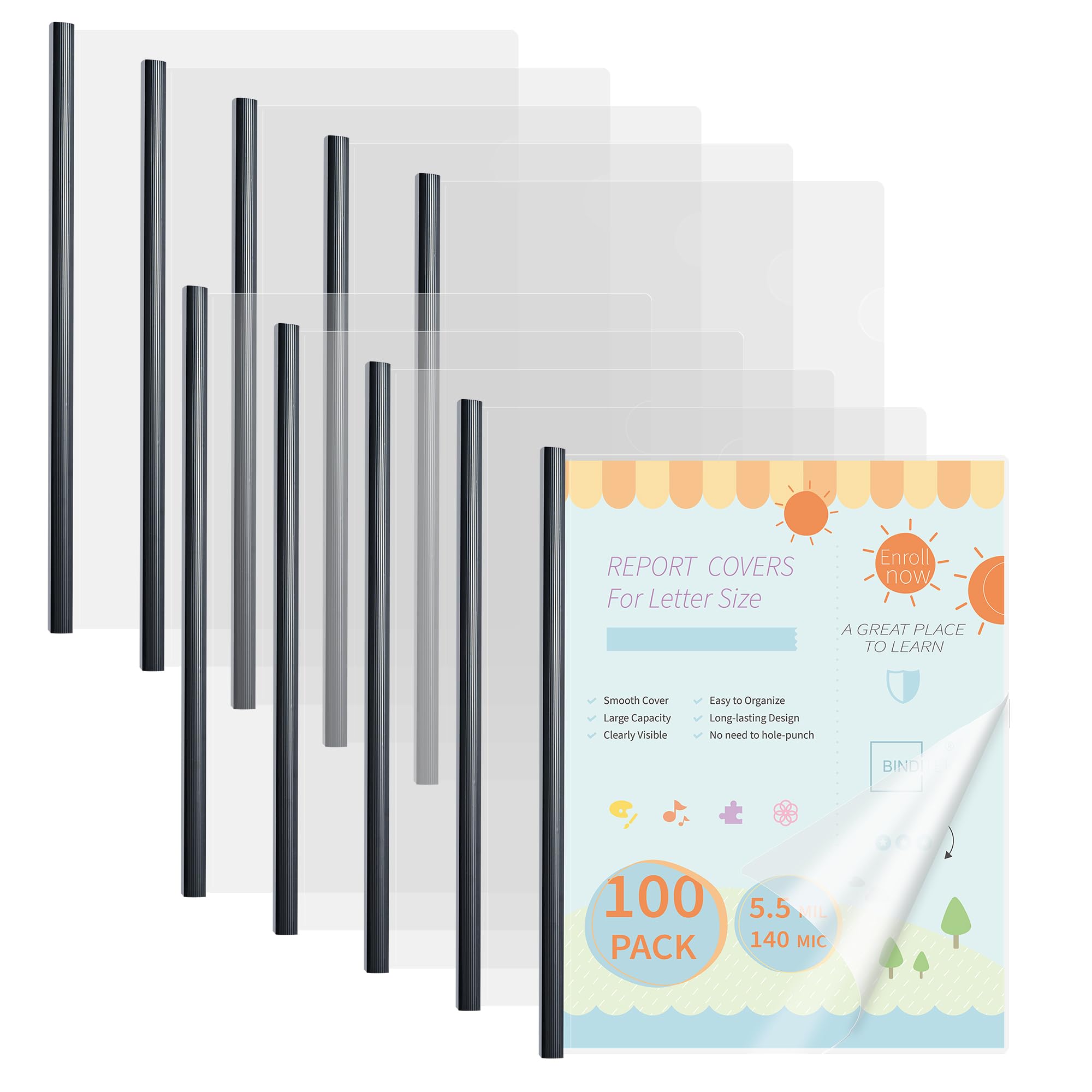 Binditek Clear Report Covers with Sliding Bars, 70 Sheet Capacity, 100 Pack