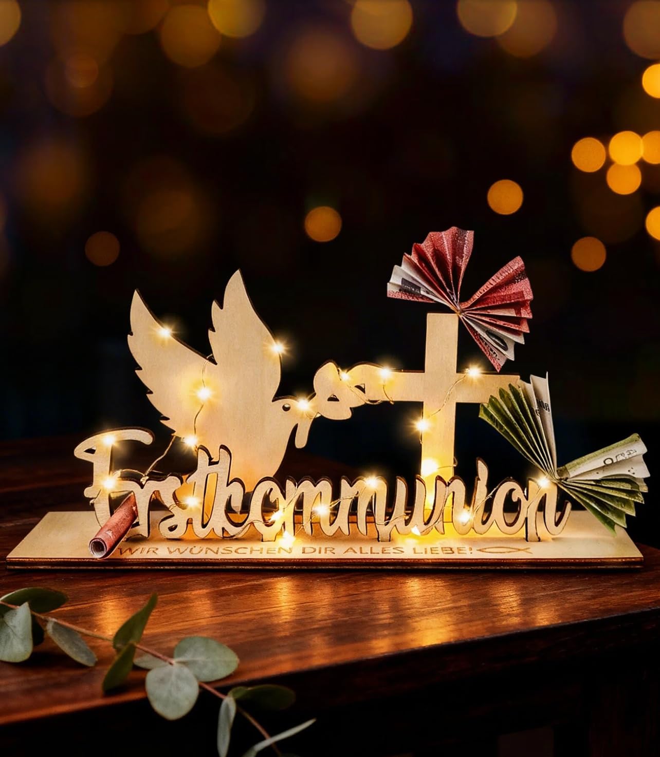 Leboria Erstkommunion Geschenke Mädchen Junge, Geldgeschenk Kommunion Holz mit LED Lichterkette, Kommunion Deko Geschenke zur Erstkommunion