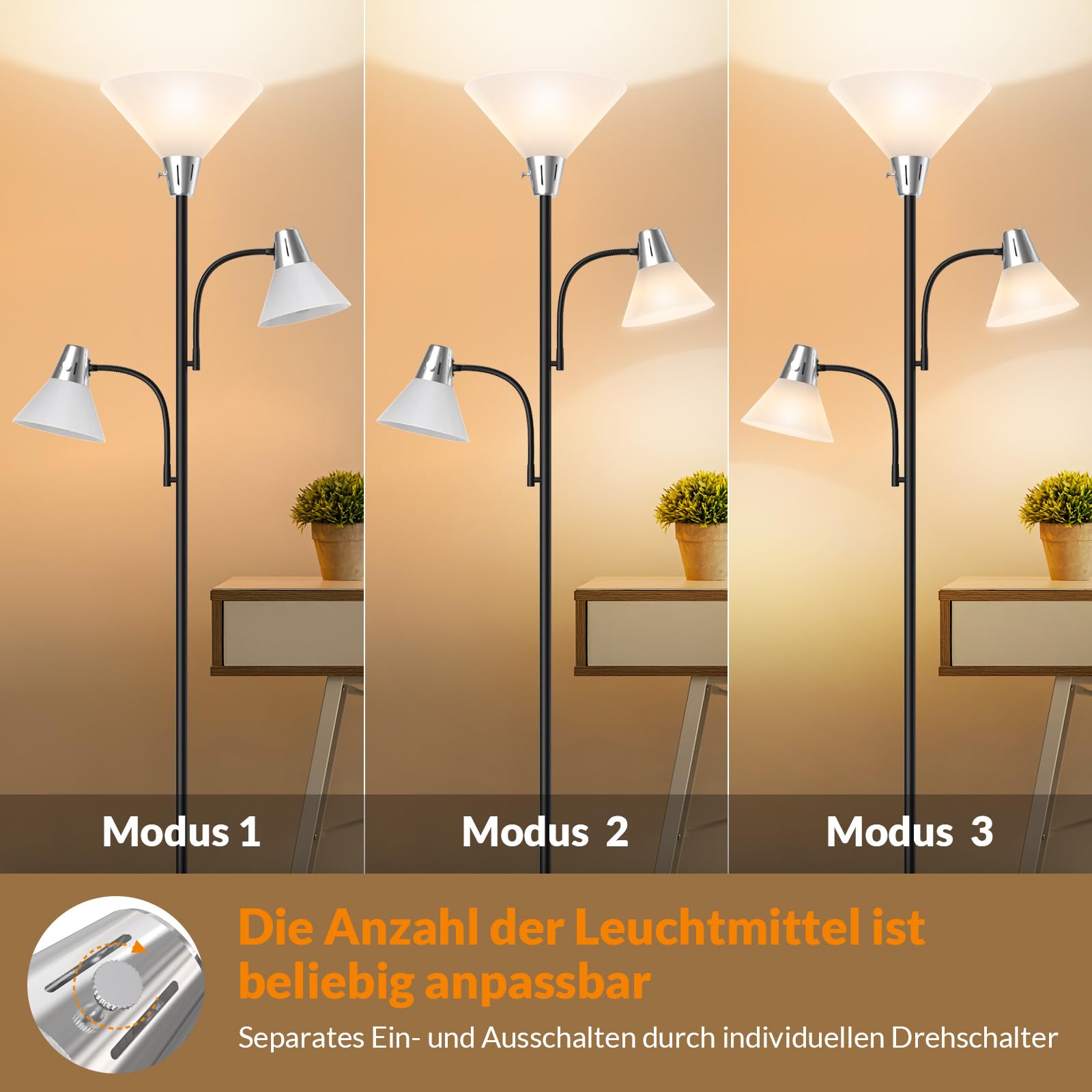 LEPOWER Stehlampe Dimmbar, 9W LED Stehlampe mit 5W Leseleuchte Einstellbar | Moderne, Helle Stehlampe mit Austauschbaren 3000K Energiespar LED, Stehlampe für Wohnzimmer, Schlafzimmer, Büro, Schwarz