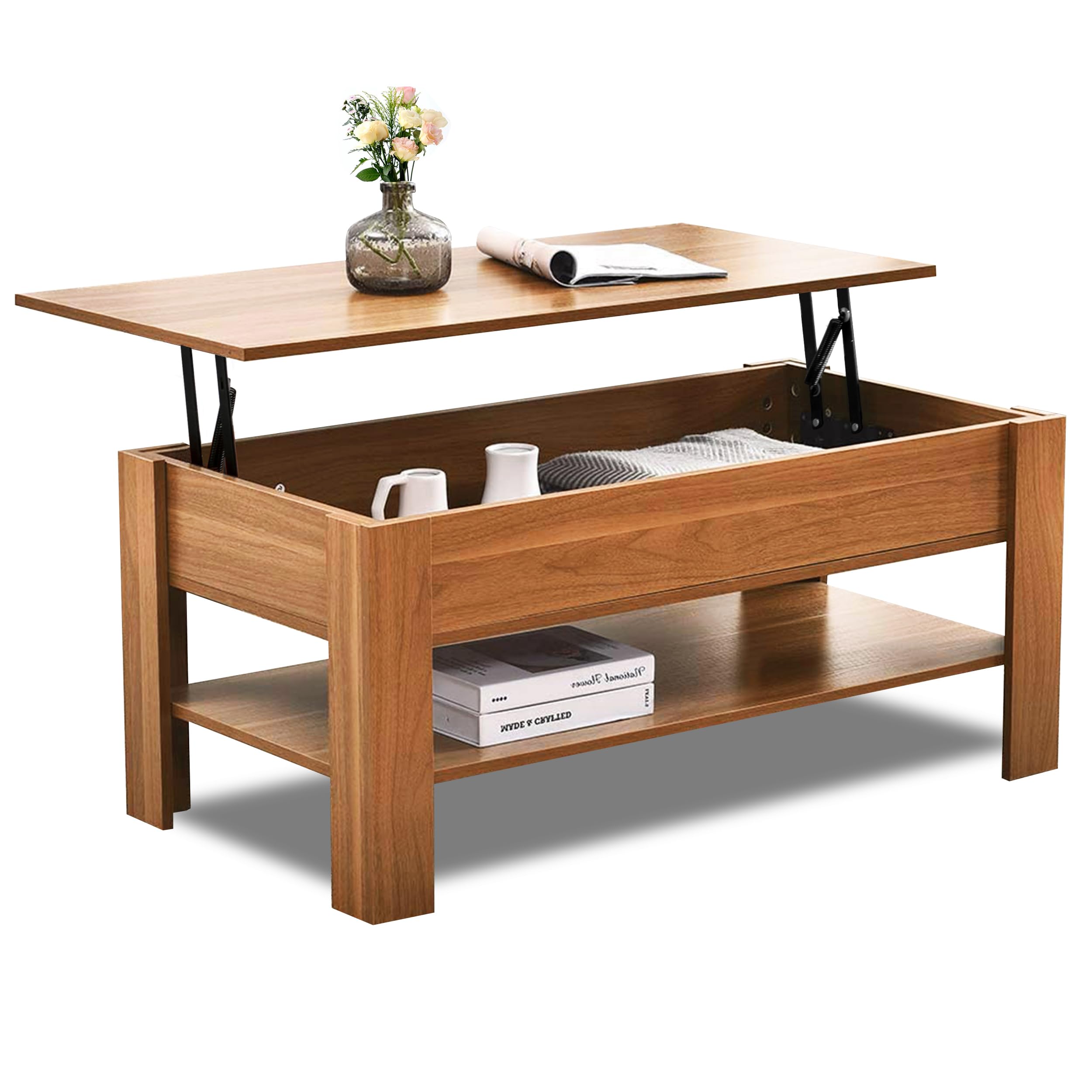 Coffee Table With Storage, Lift Up Coffee Table For Living Room, Wooden Coffee Tables With 1 Shelf Large Hidden Storage Lift-Top Sofa End Tea Table for Living Room Furniture, 100L x 50W x (42-57)H cm