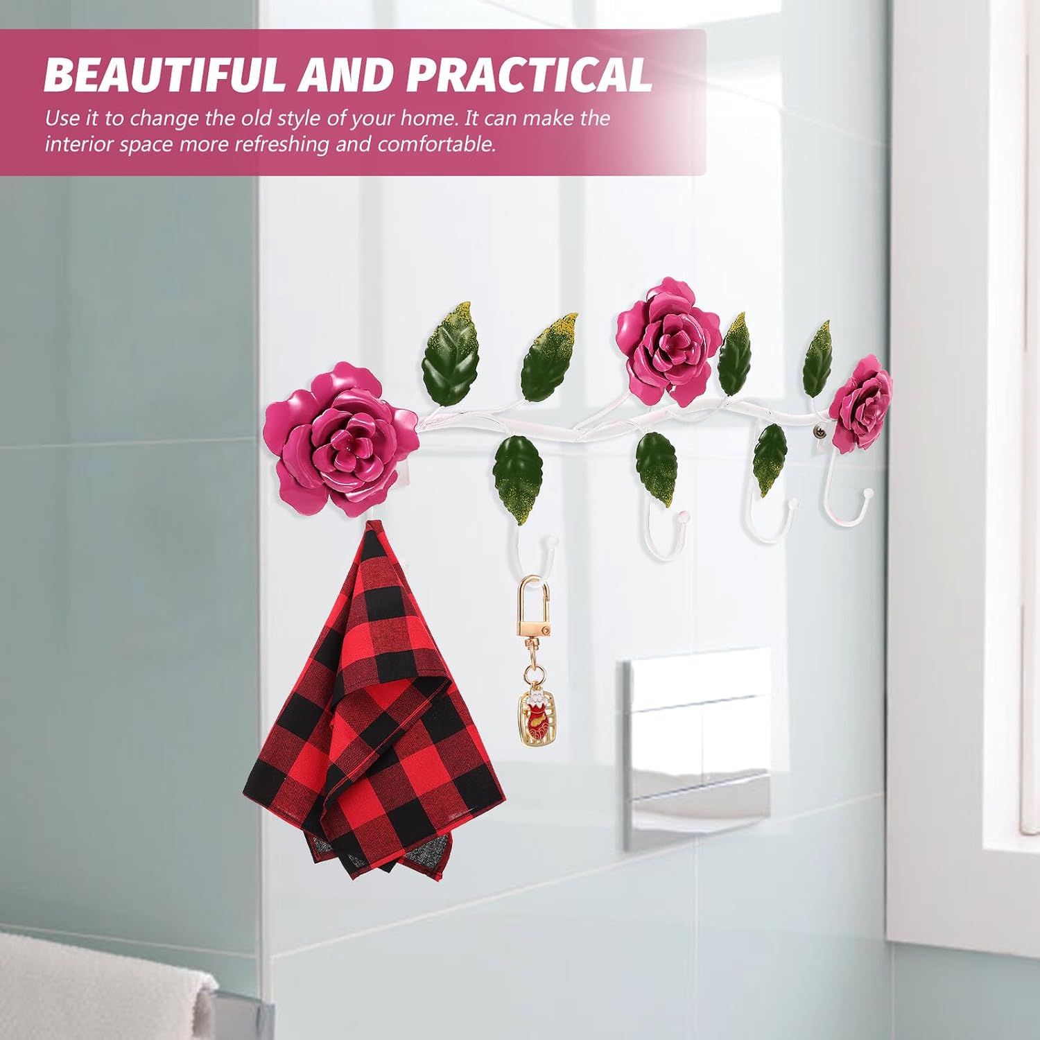 Iron Art Rose Hook Rack Key Hook Rack Floral Pastoral Design for Bags Clothes Towels Hat Storage in Entryway and Bathroom Pink Rose