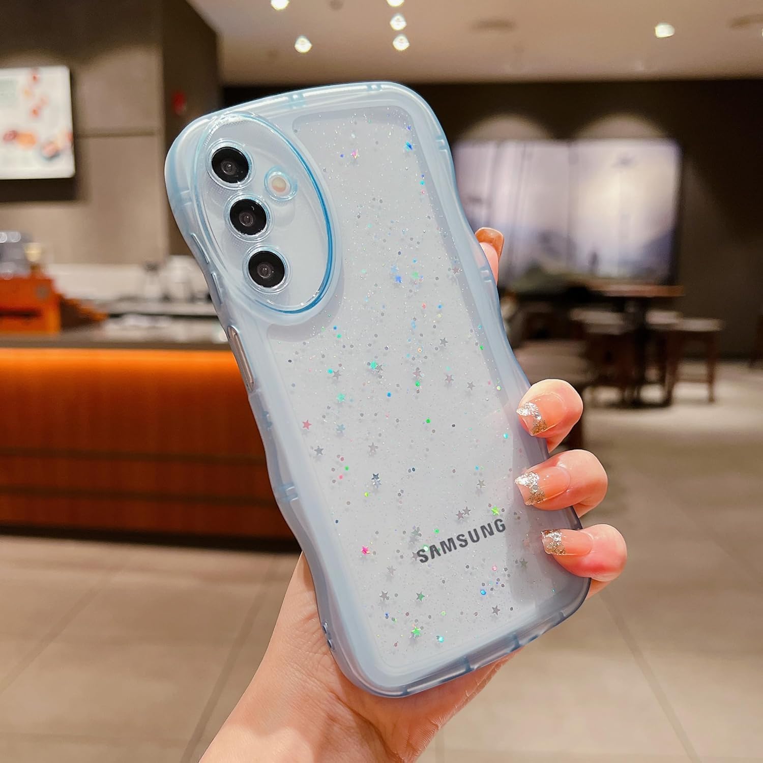 QLTYPRI Galaxy A55 5G ケース クリア TPU カバー ウェーブ おしゃれ 韓国 可愛い ウェーブ グリッター 透明 薄型 軽量 耐衝撃 滑り止め (SC-53E / SCG27) スマホケース ワイヤレス充電対応 ストラップホール付き ギャラクシーA55 ケース 6.4インチ 対応 - ブルー