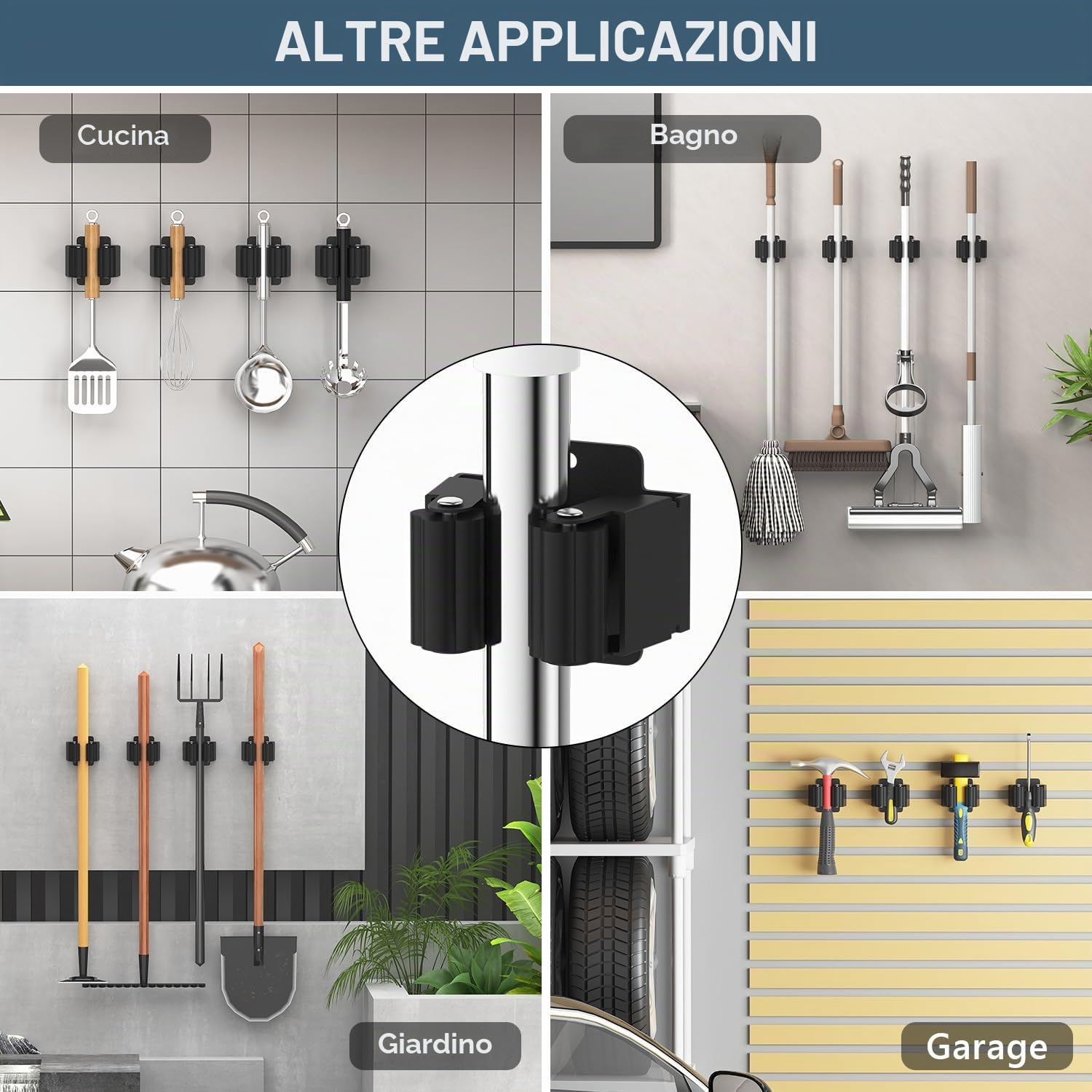 PIQIUQIU 6 supporti per scopa da parete, con vite, in acciaio inox ad alte prestazioni, mocio e porta scopa, per la pulizia della biancheria, bagno, cucina, garage (nero)