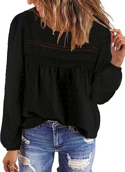 BETTE BOUTIK Womens Boho Fall Long Sleeve Shirts Crewneck Dressy Casual Blouses Trendy Flowy Tops