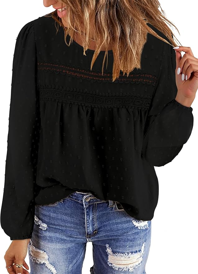 BETTE BOUTIK Womens Boho Fall Long Sleeve Shirts Crewneck Dressy Casual Blouses Trendy Flowy Tops