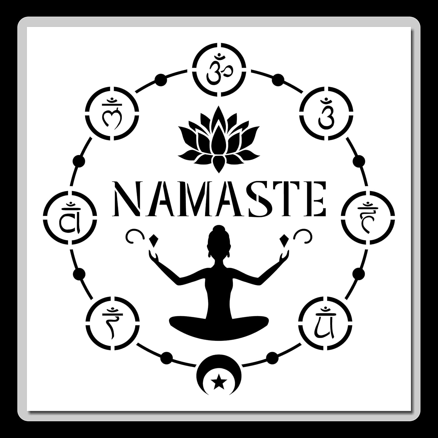 12 X 12-inch Namaste and Chakra Symbols Stencil with Lotus Flower, Meditation and Moon.