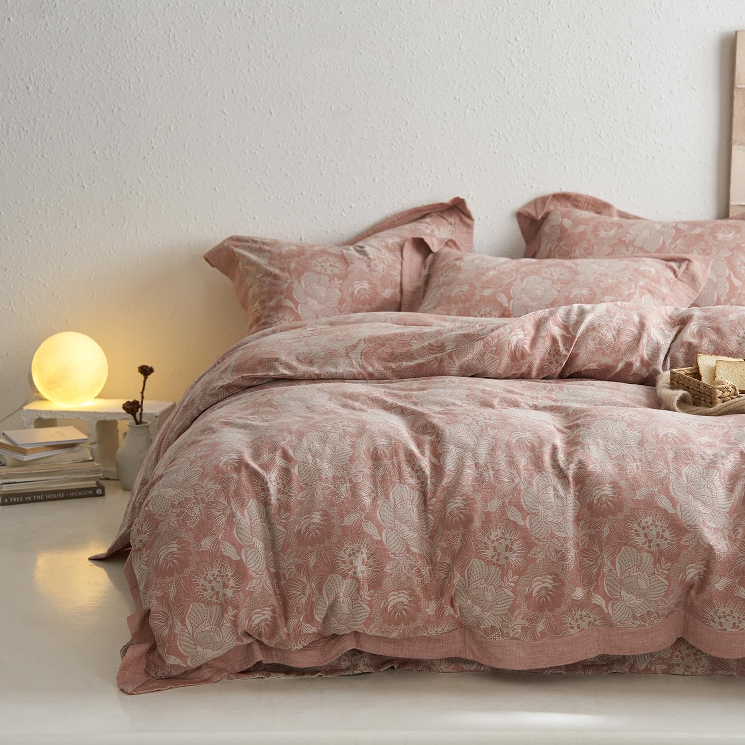 mixinni Duvet Cover Queen, Premium Cotton Double-Layer Yarn Pink Floral Jacquard Comforter Cover with Edge Design, Farmhouse Bedding Set with 2 Pillowcases Perfect for Him and Her-Queen Size — image 1