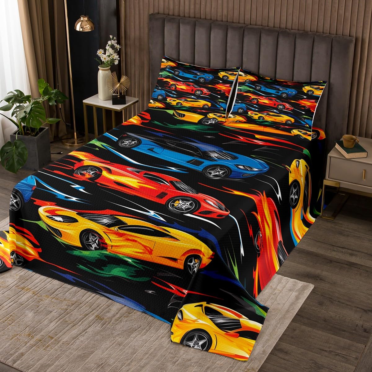 Erosebridal Race Car Twin Bedding Set,Sports Car Racing Quilt Set for Kids Boys Men Room Decor,Red Blue Orange Race Car Bedspread Set Cool Sports