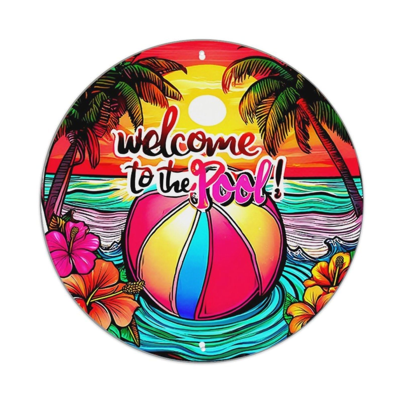 Tropical Sunset Beach Ball Palm Trees Vintage Round Tin Sign Retro Metal Wall Decor Metal Poster, Home Bar Garage Cafe Wall Art Decoration 8x8Inches