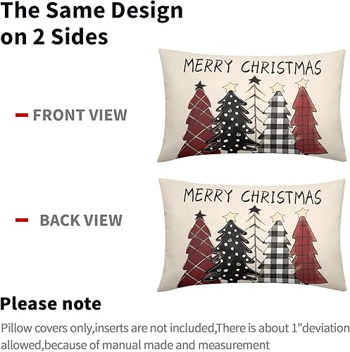 Miniatura 4 de Juego de 2 fundas decorativas de cojín lumbar de 12 x 20 pulgadas, diseño de cuadros blancos y negros, con diseño de árboles rojos de Navidad, para