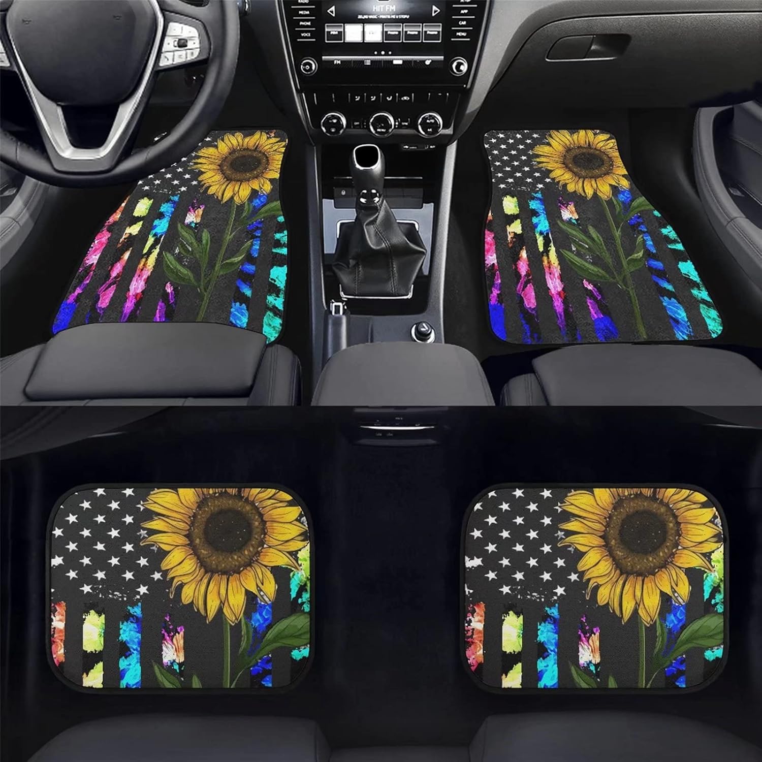 Suobstales American Flag Sunflower Floor Mat Tie Dye Car Accessories Full Set for Women Front and Back Rear Car Carpet Protector Anti-Slip Auto Interior tapetes para carro