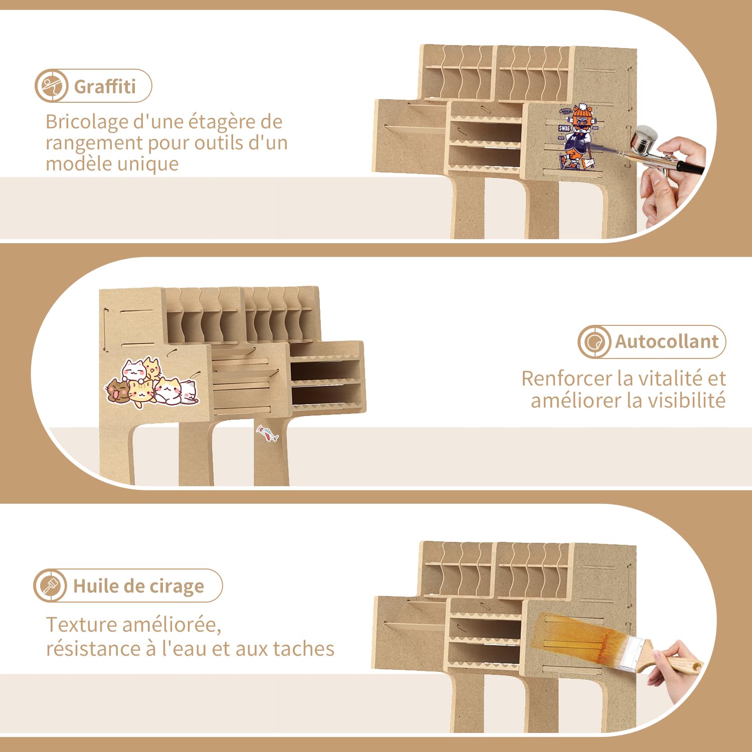 Rack d'organisation pour kit de modélisme en bois avec matériau MDF, support de peinture, support de tournevis/pinceau, pour peintures et outils Tamiya, GK1