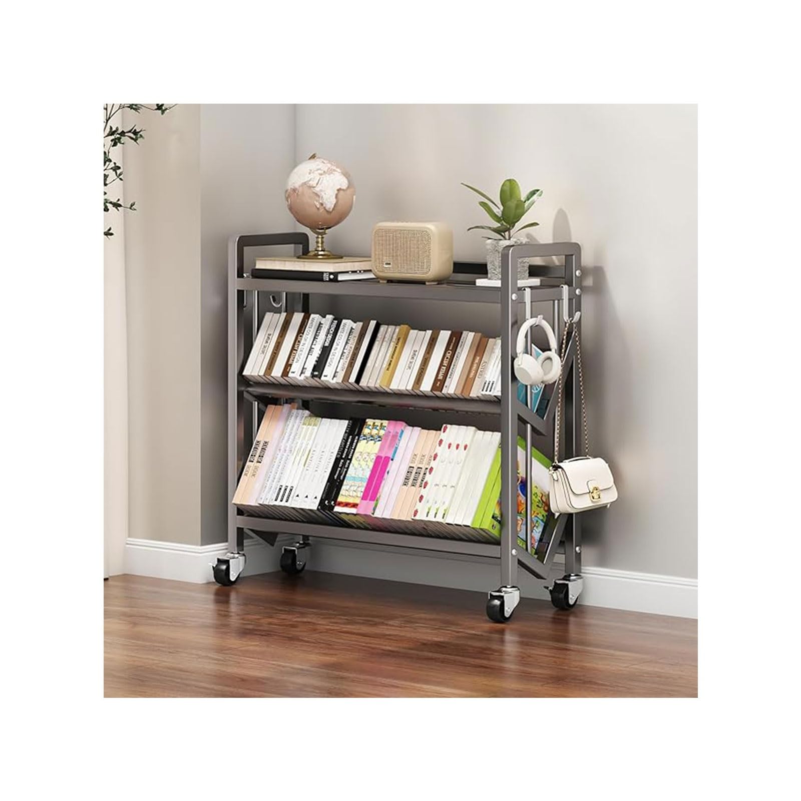 Book Carts with Wheels, Library Rolling Book Cart 2/3/4/5 Tier Movable Bookshelf Mobile Large Capacity L-Shaped Carbon Steel Organizer Rack for Office, Home, Classroom(Gris,3 Tiers-35.4x9.8x32.1in)
