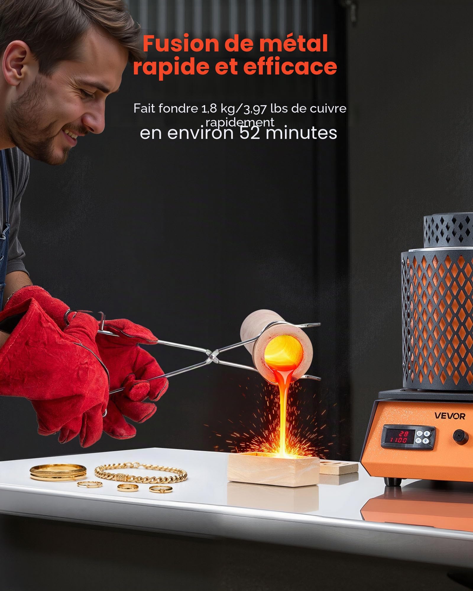 VEVOR Four de Fusion Électrique 1500 W, Kit de Fusion d'Or avec Température Maximale 1150 ℃, avec Creuset en Céramique de 5 kg, pour Fabrication de Bijoux, Coulée et l'Affinage des Métaux, Atelier