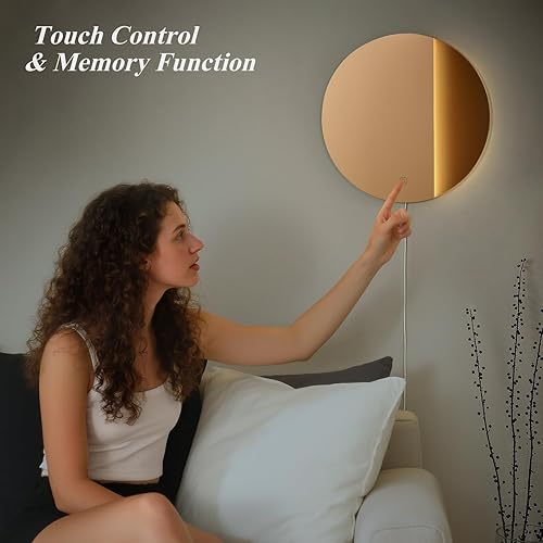 Miniatura 2 de ONEWISH Aplique de pared LED, espejo regulable, luces de pared redondas de 16.93 pulgadas para dormitorio con función de memoria, lámparas de pared
