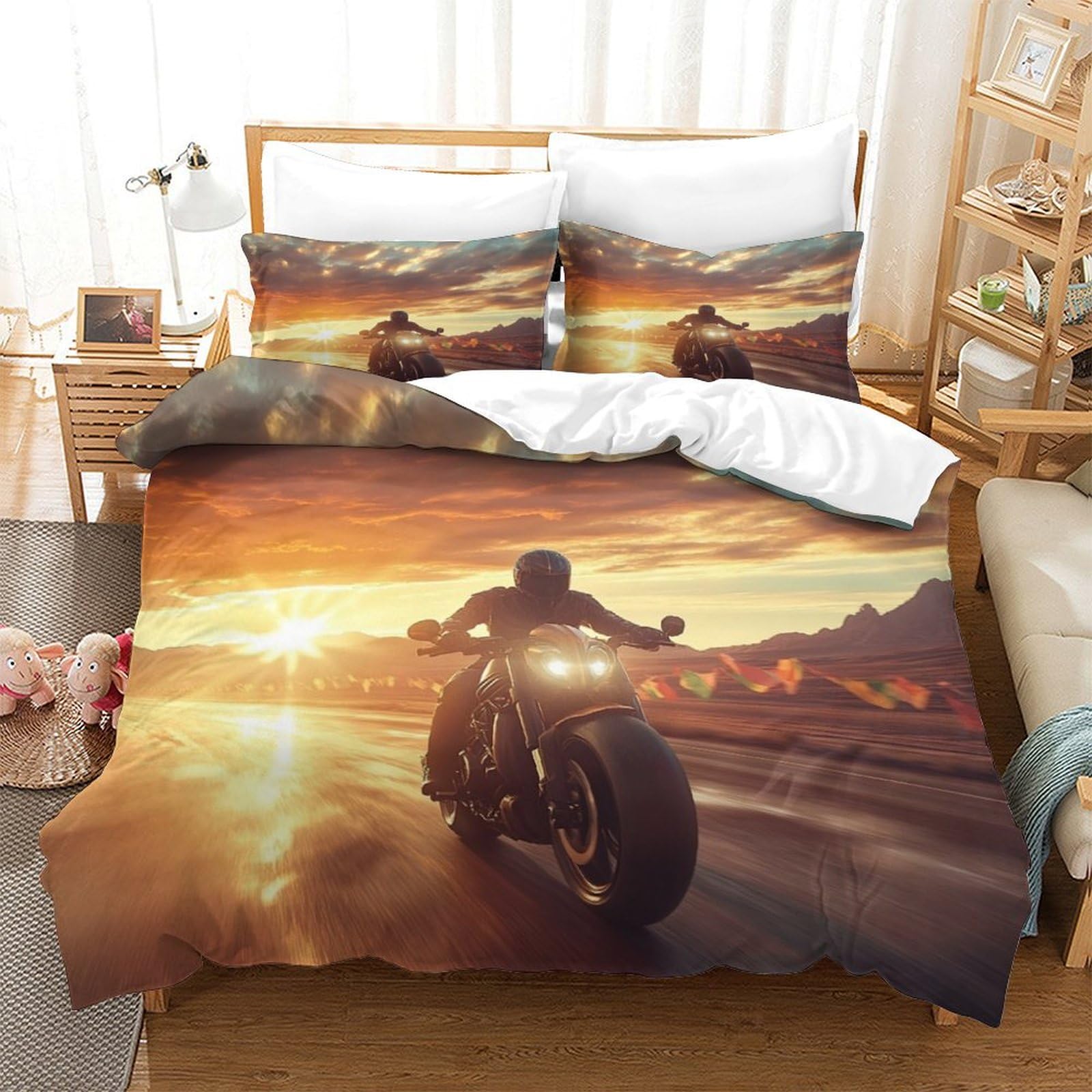 XiaopangXY Breathable Motorbike Design Duvet Cover Set with Hidden Zipper Motorcycle Quilt Cover Set with Pillowcases Bedding Set Soft Microfiber Comforter Cover King（220x240cm）
