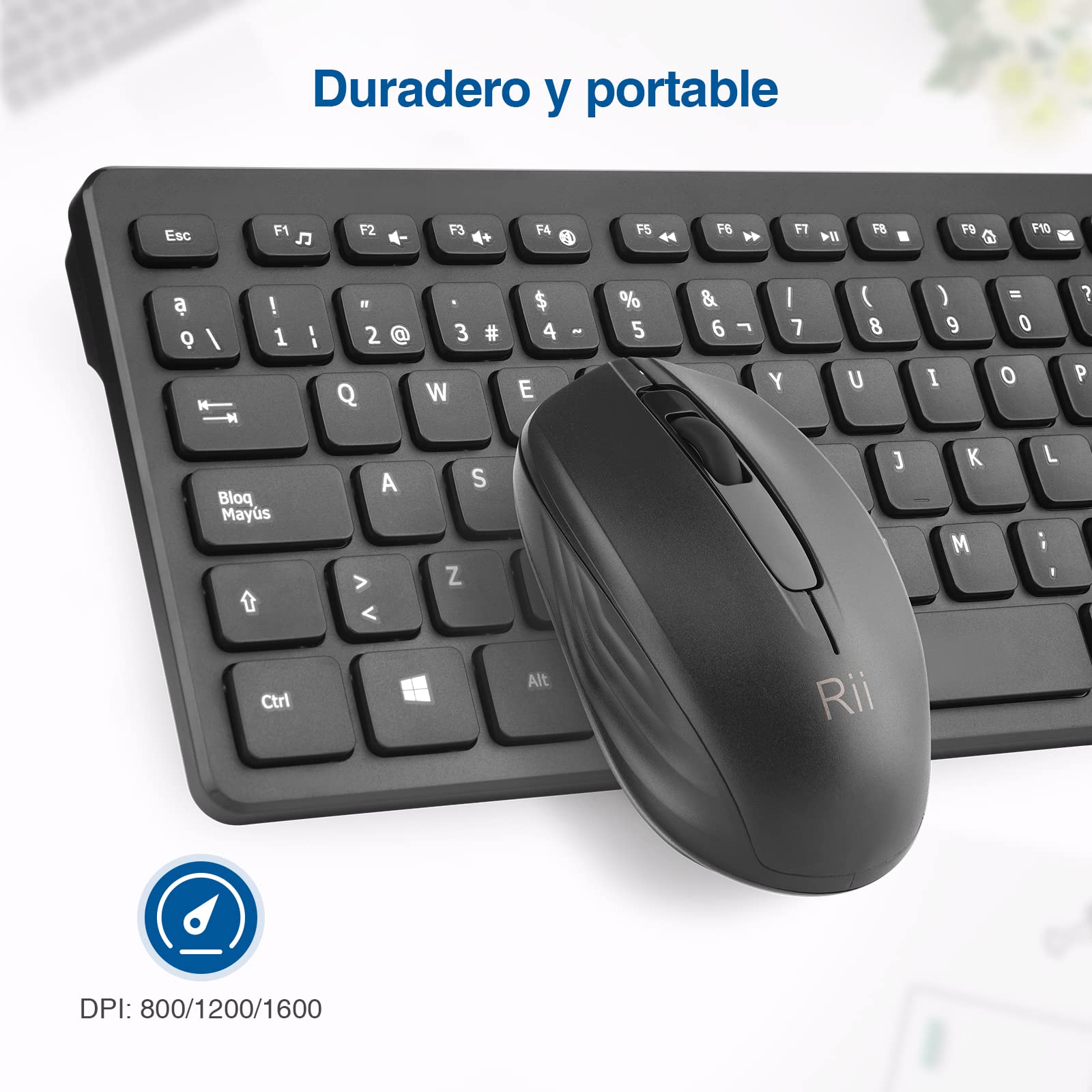 Rii RK200 2.4Ghz Combo Ratón y Teclado Inalámbrico para Android/Windows/Mac/Linux y Otros Dispositivos con USB-QWERTY Español,Color Negro