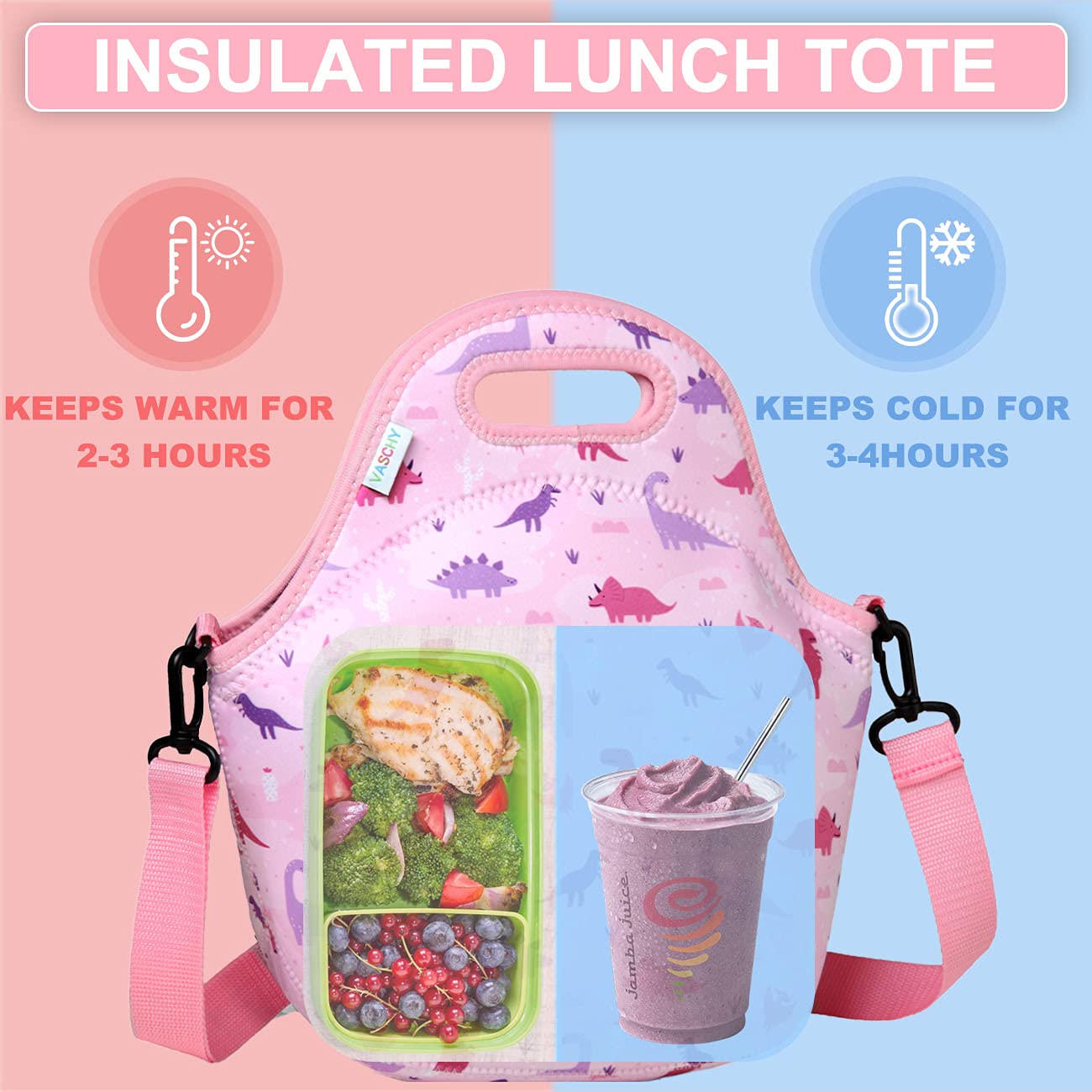 Lonchera para niños, bolsa de almuerzo ligera de neopreno para niños pequeños y niñas a la escuela, guardería, jardín de infantes, dinosaurio rosa 2