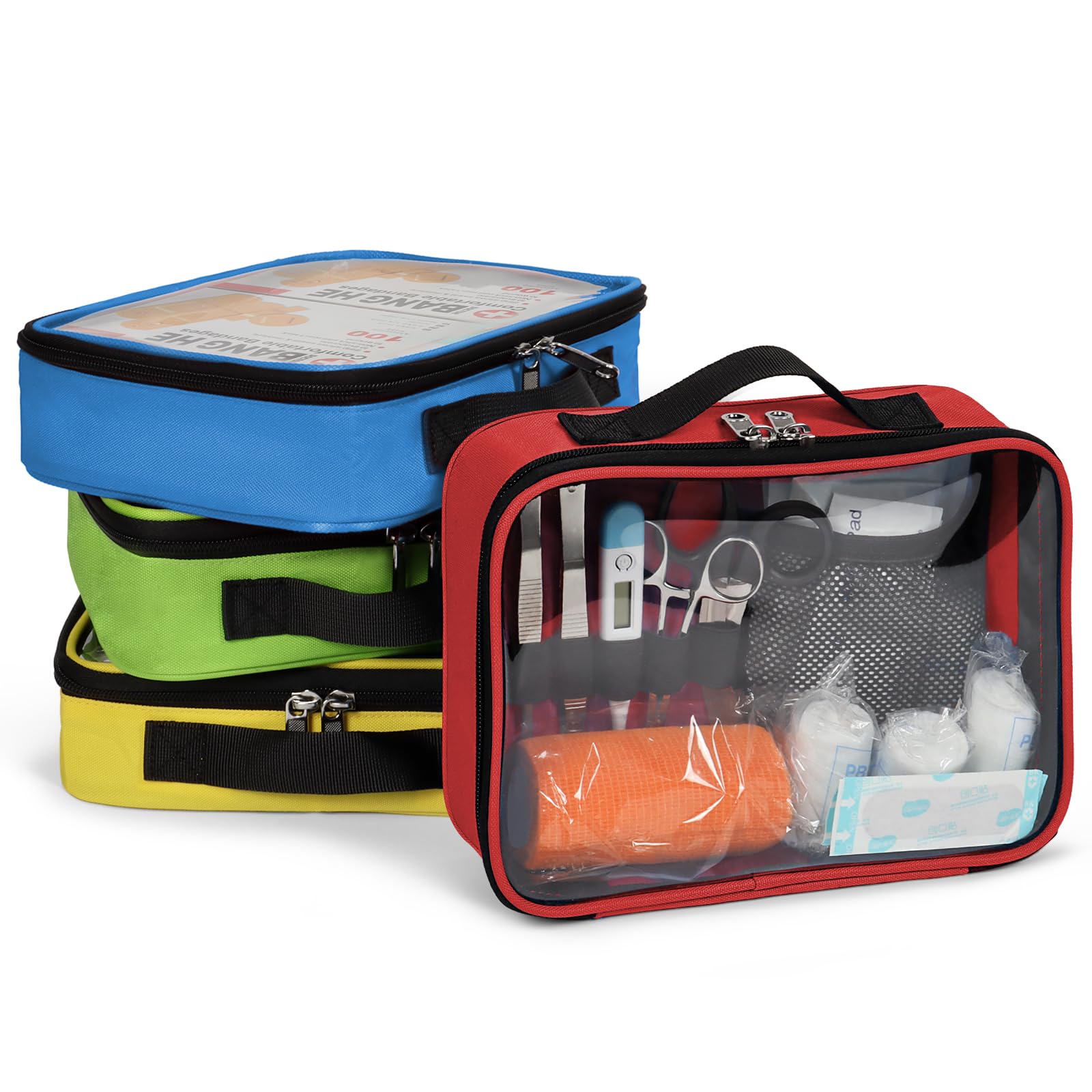 Camoredy Empty First Aid Bag Clear PVC Waterproof Organizer Pouch Zipper Colored First Aid Kit for EMT Outdoor Travel (4 Colors, Pack of 4)