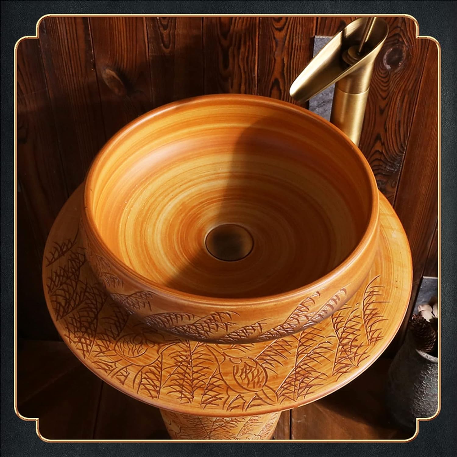 Bathroom Ceramic Luxury Pedestal Basin Round Freestanding Sink Pedestal Lavatory for Indoor and Outdoor P with Mirror (Q Without Mirror) (S with Mirror)