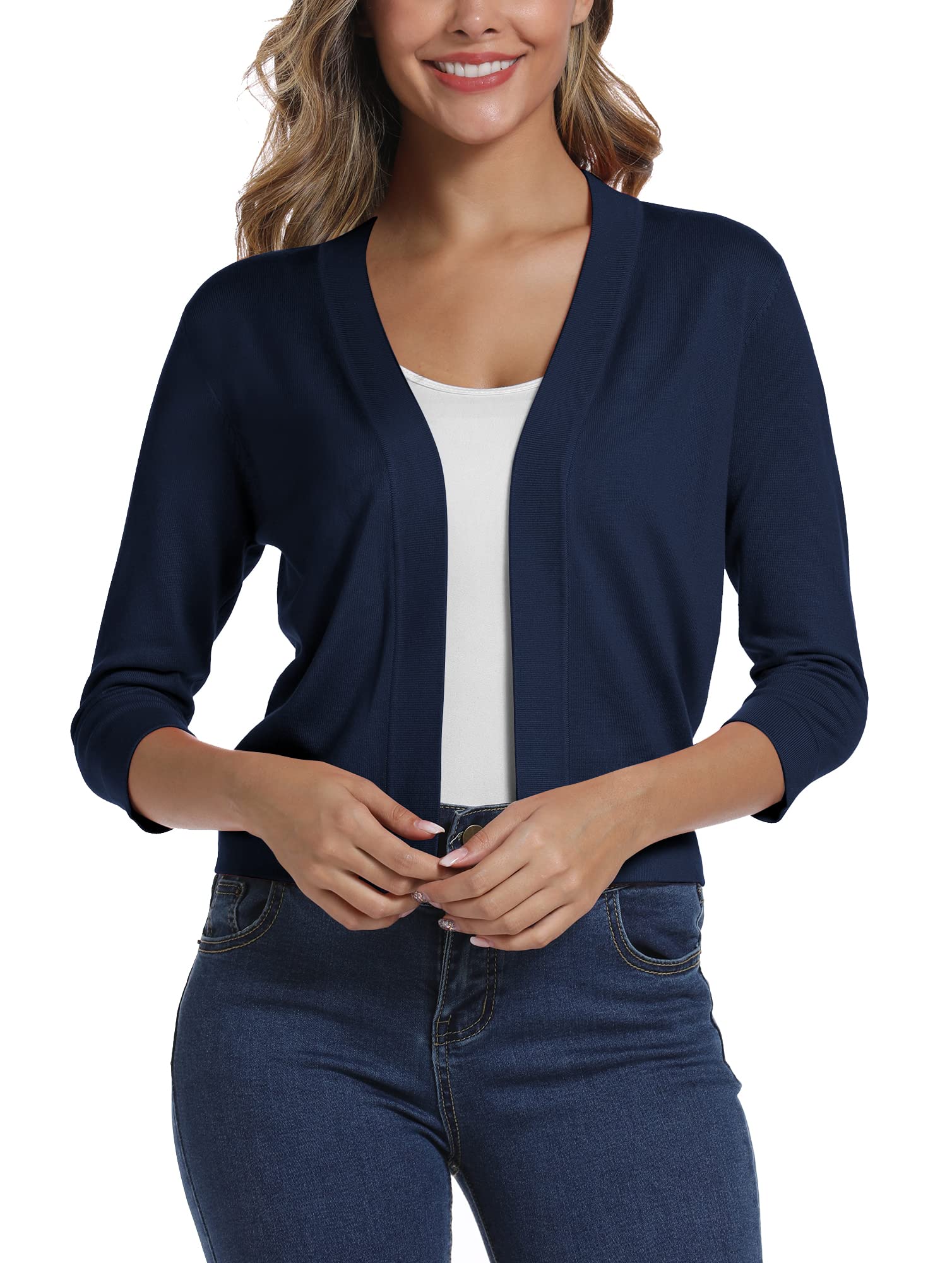 Damen 3/4 Ärmel Open Front Bolero Strickjacke Shrug Solid Cardigan Top
