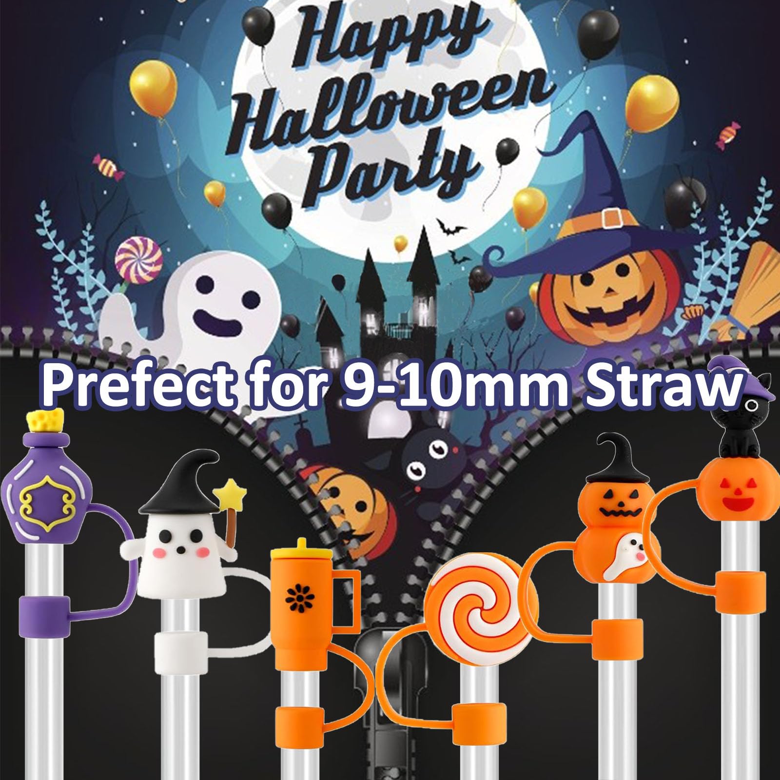 Censuob 8 Pcs Halloween Straw Covers Cap for Stanley Cup 10 mm 0.4in Dustproof Straw Toppers for Stanley Accessories Reusable Silicone Straws Tips for Halloween Gifts - Image 2