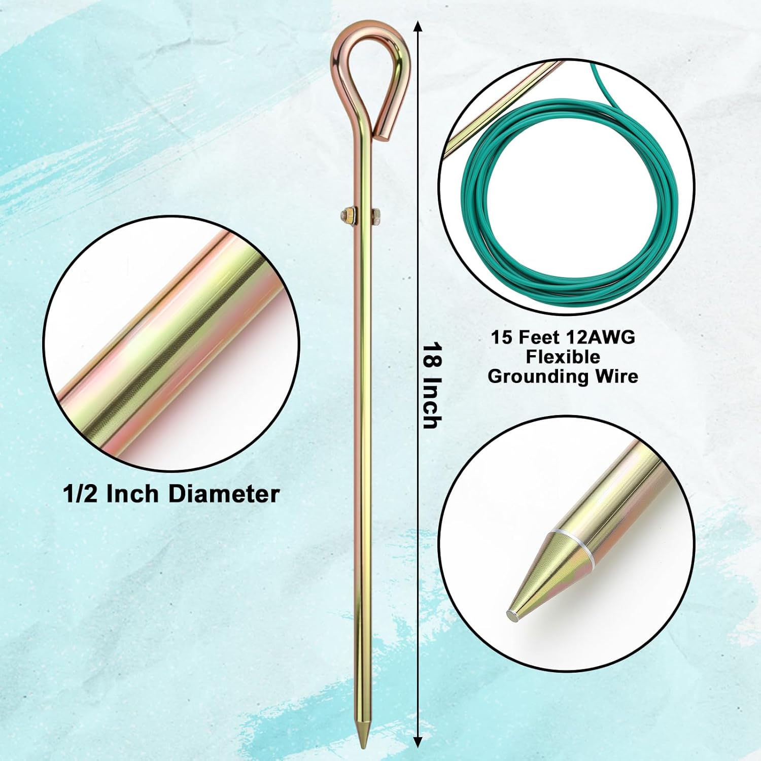 Zonon Portable Ground Rod with 15ft 12AWG Flexible Grounding Wire, Ground Post Pin Kit Grounding Rod for Earthing Electric Fence Generator Satellite Dishes Antennas Stake