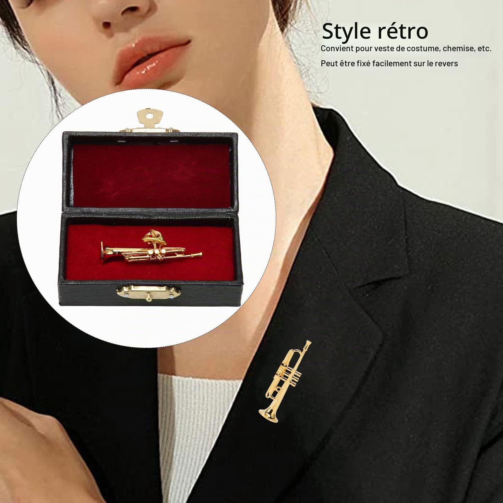 Broche de Saxophone, 4.3cm Broche Miniature Trompette Revers en Laiton Doré, Broches Instrument de Musique avec Boîte de Rangement Doublée de Velours Rouge