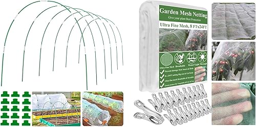 Juego de 6 túneles de cultivo de aros de invernadero, red de jardín de 8 x 24 pies con 20 clips de acero inoxidable, red de malla de jardín con