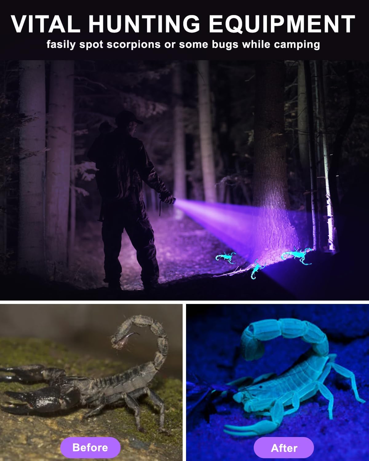 Black Light 60W, Flashlights High Lumen, USB C Rechargeable, 2 Modes Powerful Lights for Pet Urine Detection, Resin Curing, Minerals, Blood Tracking, AC Leak