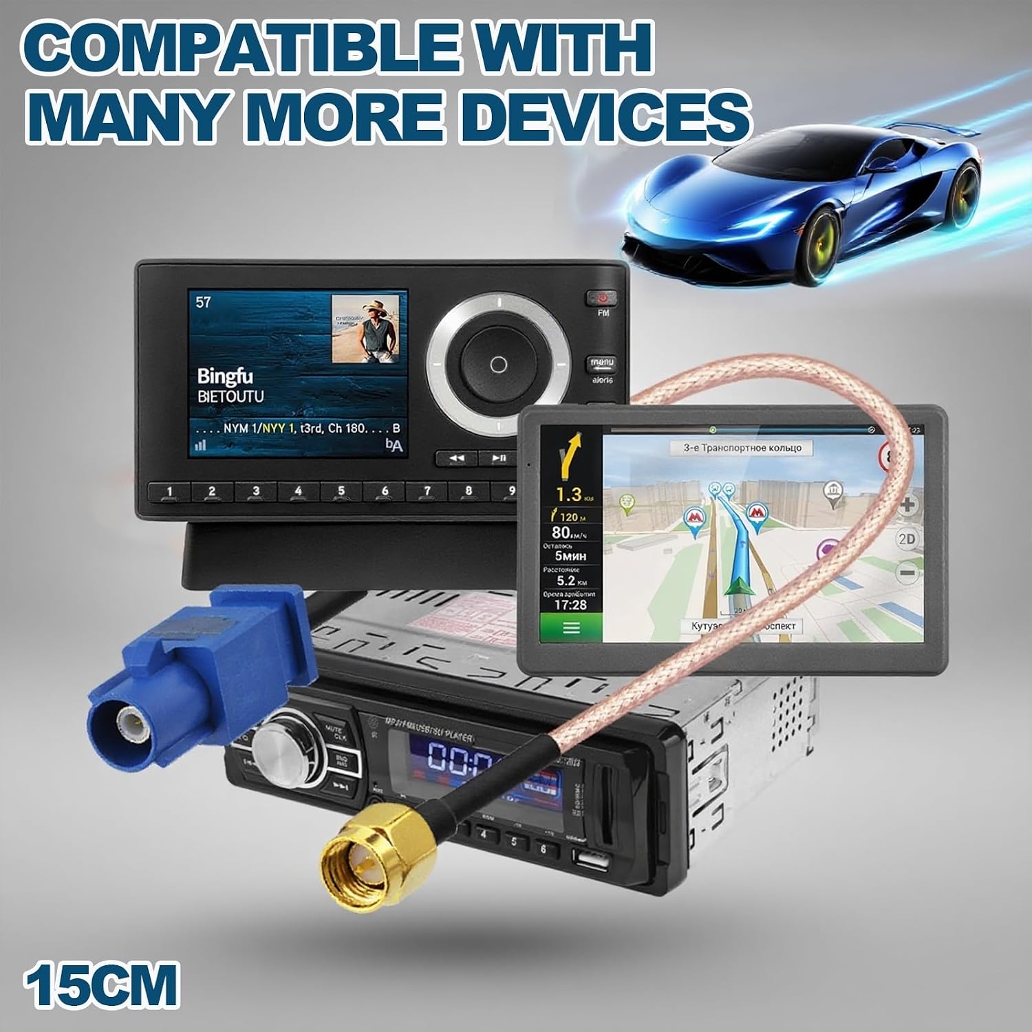 Bingfu Kabel adaptera anteny GPS do pojazdu SMA męski na Fakra C męski niebieski koncentryczny kabel pigtail 15 cm 6 cali do pojazdów ciężarowych SUV-ów samochodowych radioodtwarzacza stereo nawigacji