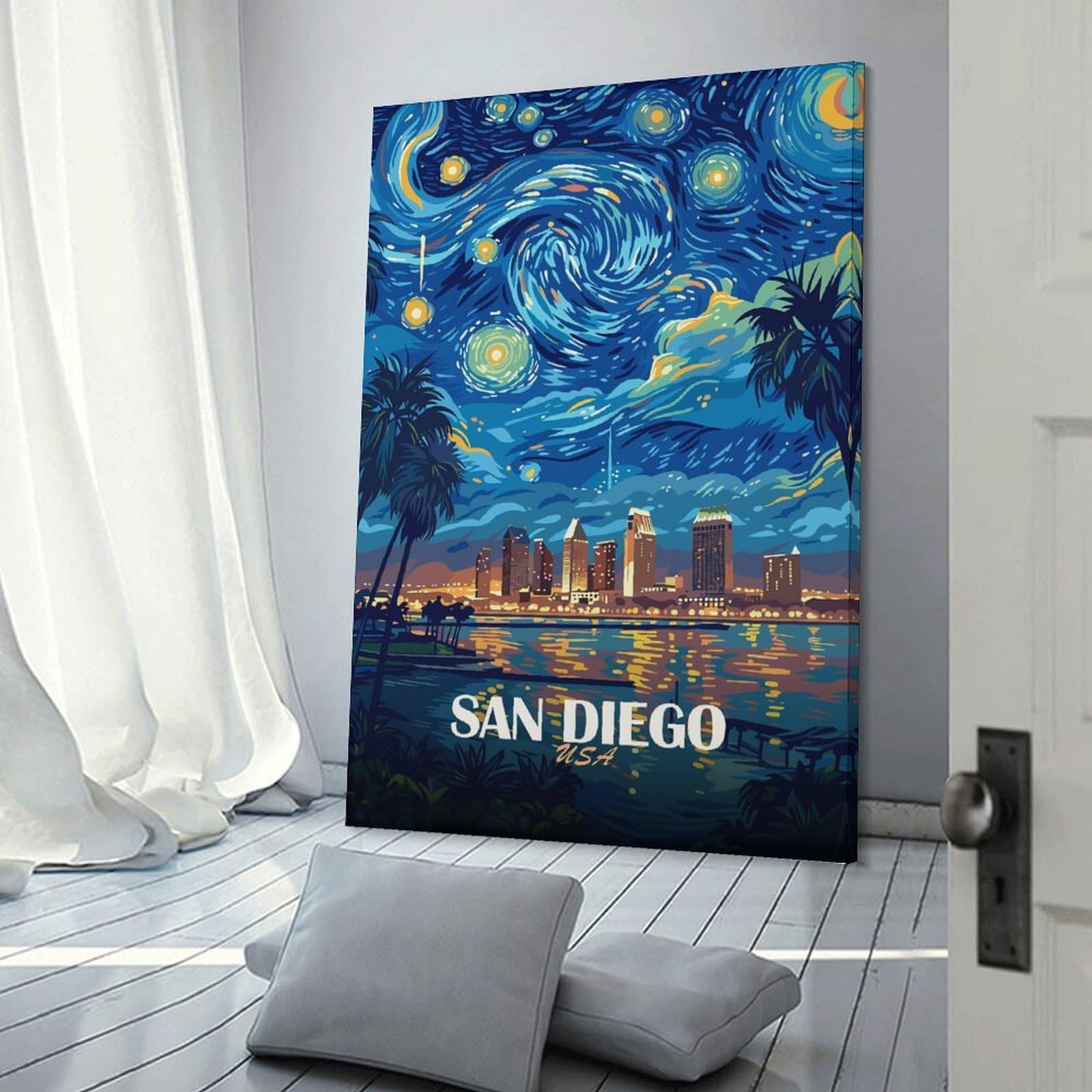 Junmoney San Diego Starry Night Illustration Home Decor Wall Art, 24x36inch(60x90cm), for Apartment Walls, Studios Or Work Areas, Wall Decor with Flexible Room Appeal
