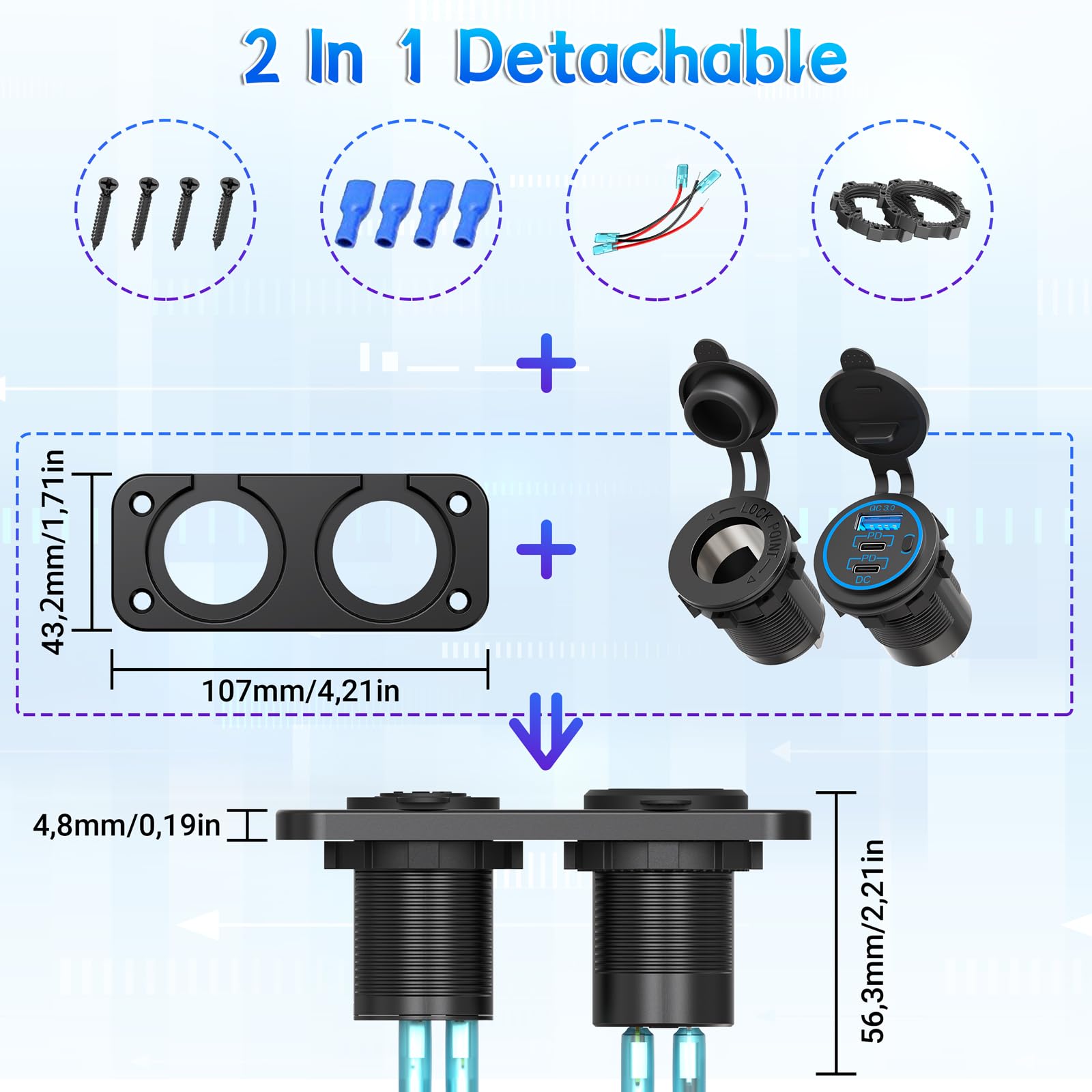 (3-USB) PD USB C Prise 12V Allume Cigare 300W: Qidoe Panneau Prise Chargeur de Voiture 12 Volt Adaptateur USB QC3.0 Allume Cigare Interrupteur Étanche pour Voiture, Bateaux, Bus, Camion, Camper, GPS