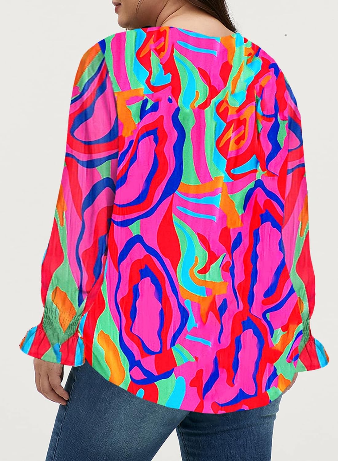 Eytino Plus Size Tops for Women V Neck Long Sleeve Drawstring Floral Boho Print Blouse Shirts Vacation Outfits(1X-5X) - Image 2